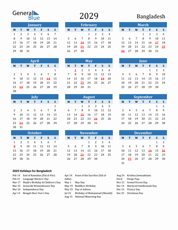 Printable Calendar 2029 with Bangladesh Holidays (Monday Start)