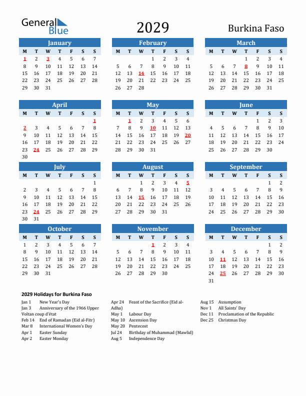 Printable Calendar 2029 with Burkina Faso Holidays (Monday Start)