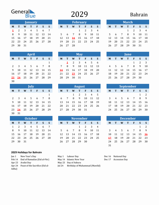 Printable Calendar 2029 with Bahrain Holidays (Monday Start)