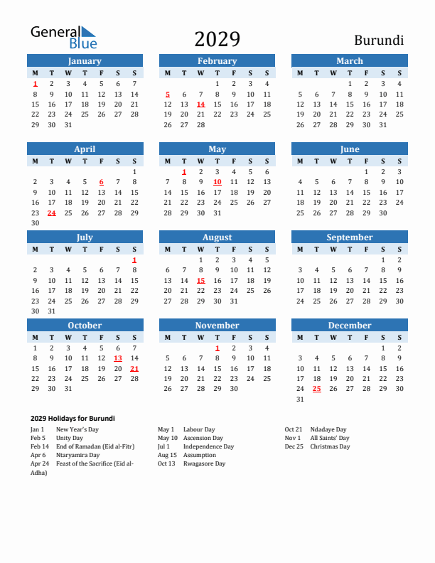 Printable Calendar 2029 with Burundi Holidays (Monday Start)
