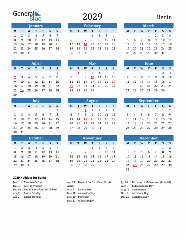 Printable Calendar 2029 with Benin Holidays (Monday Start)