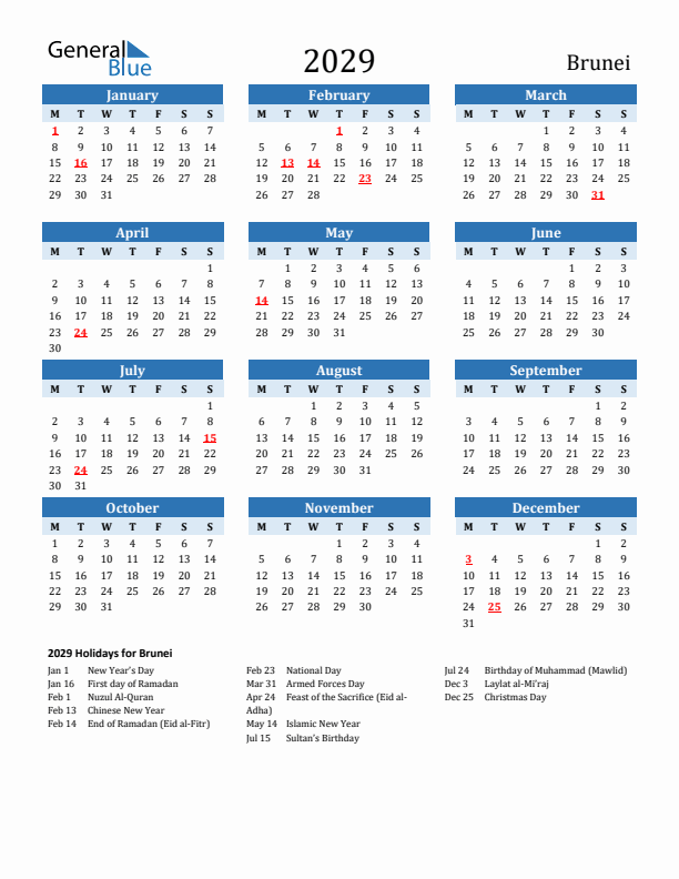 Printable Calendar 2029 with Brunei Holidays (Monday Start)