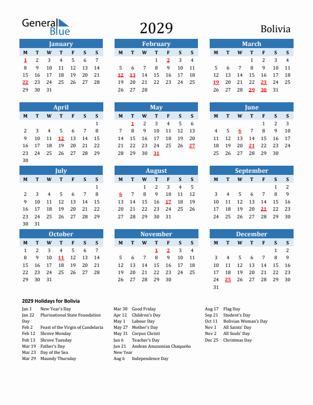 Printable Calendar 2029 with Bolivia Holidays (Monday Start)