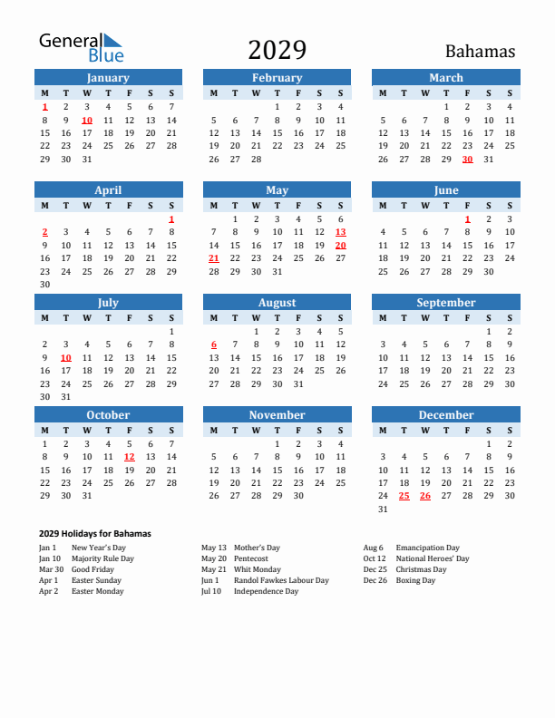 Printable Calendar 2029 with Bahamas Holidays (Monday Start)