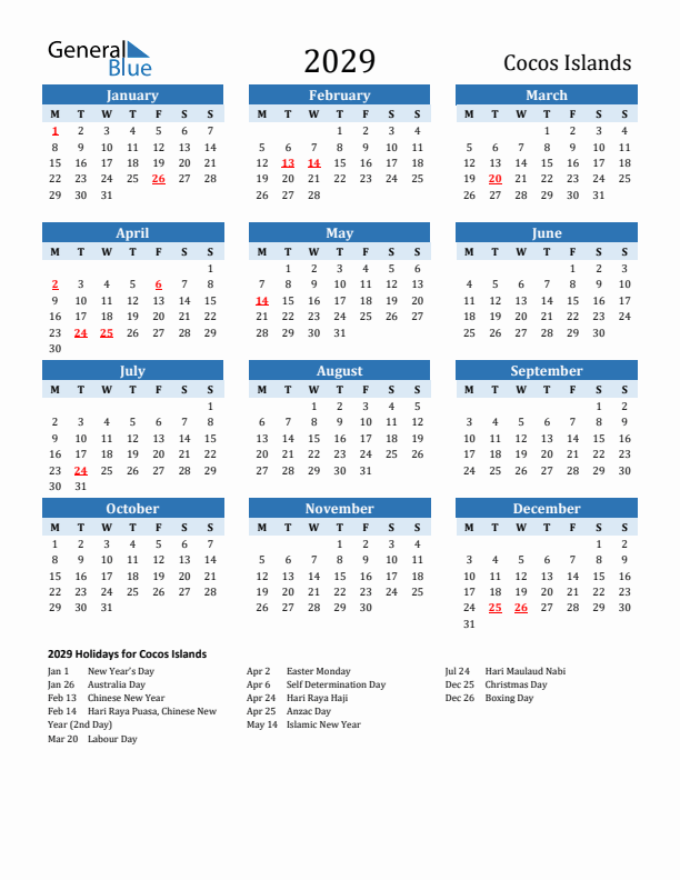 Printable Calendar 2029 with Cocos Islands Holidays (Monday Start)
