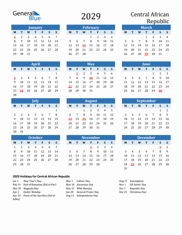 Printable Calendar 2029 with Central African Republic Holidays (Monday Start)