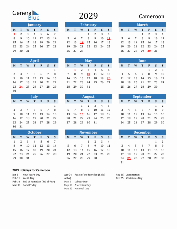 Printable Calendar 2029 with Cameroon Holidays (Monday Start)
