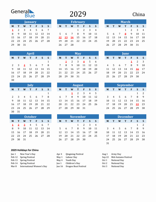 Printable Calendar 2029 with China Holidays (Monday Start)