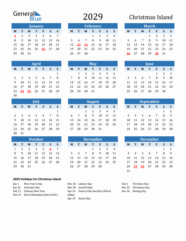 Printable Calendar 2029 with Christmas Island Holidays (Monday Start)