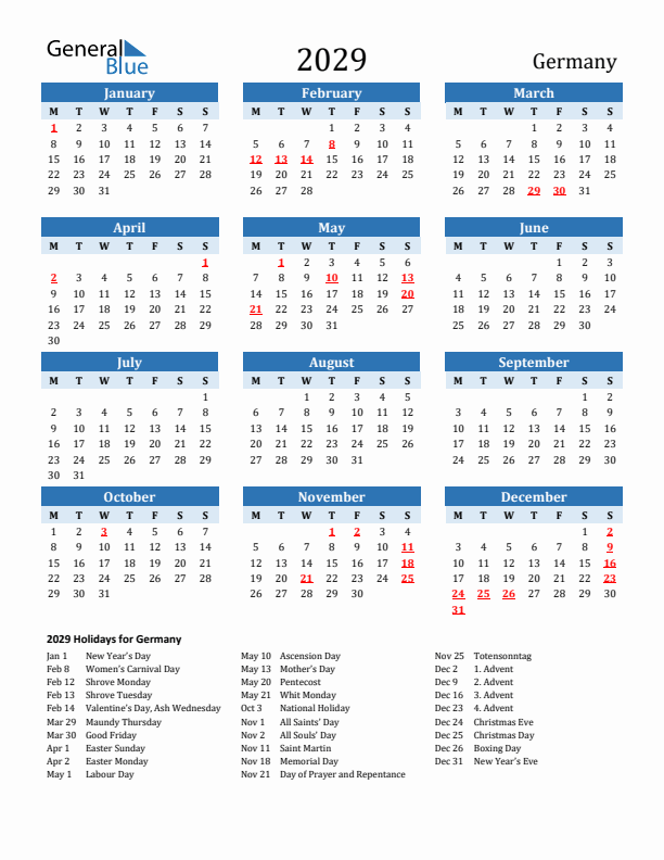 Printable Calendar 2029 with Germany Holidays (Monday Start)