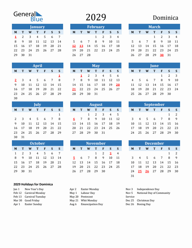 Printable Calendar 2029 with Dominica Holidays (Monday Start)