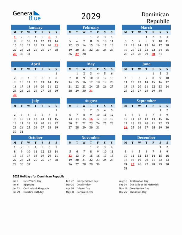 Printable Calendar 2029 with Dominican Republic Holidays (Monday Start)