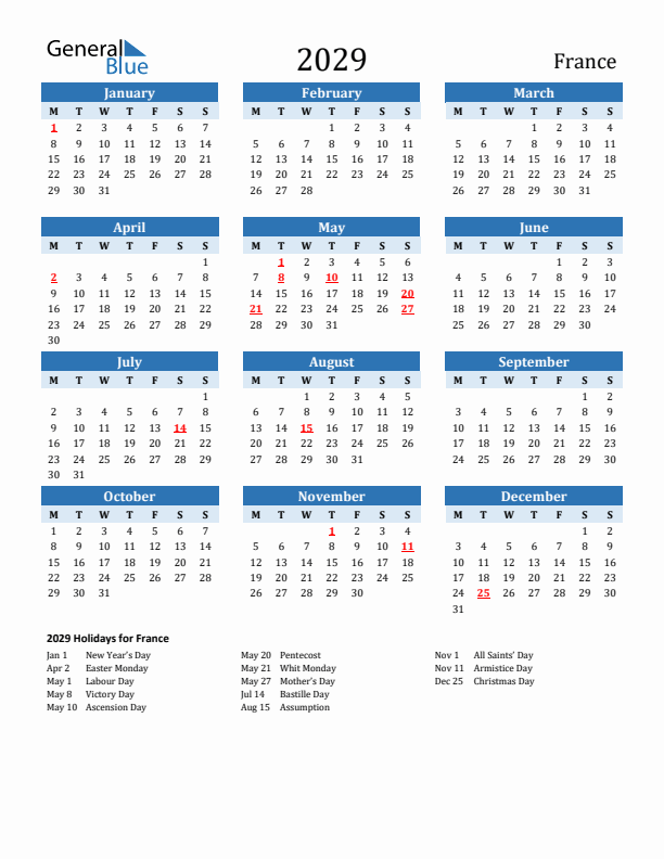 Printable Calendar 2029 with France Holidays (Monday Start)