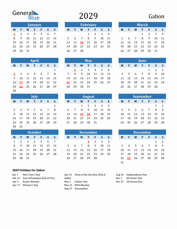 Printable Calendar 2029 with Gabon Holidays (Monday Start)
