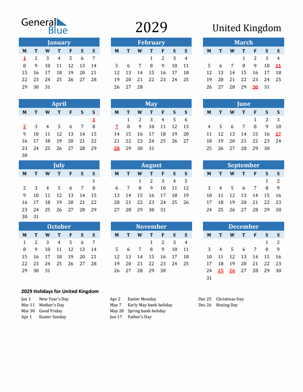 Printable Calendar 2029 with United Kingdom Holidays (Monday Start)