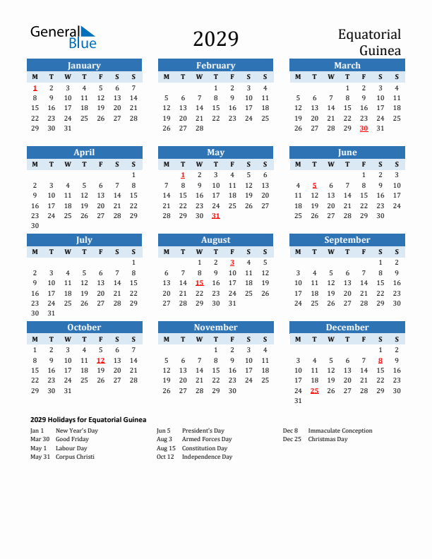 Printable Calendar 2029 with Equatorial Guinea Holidays (Monday Start)