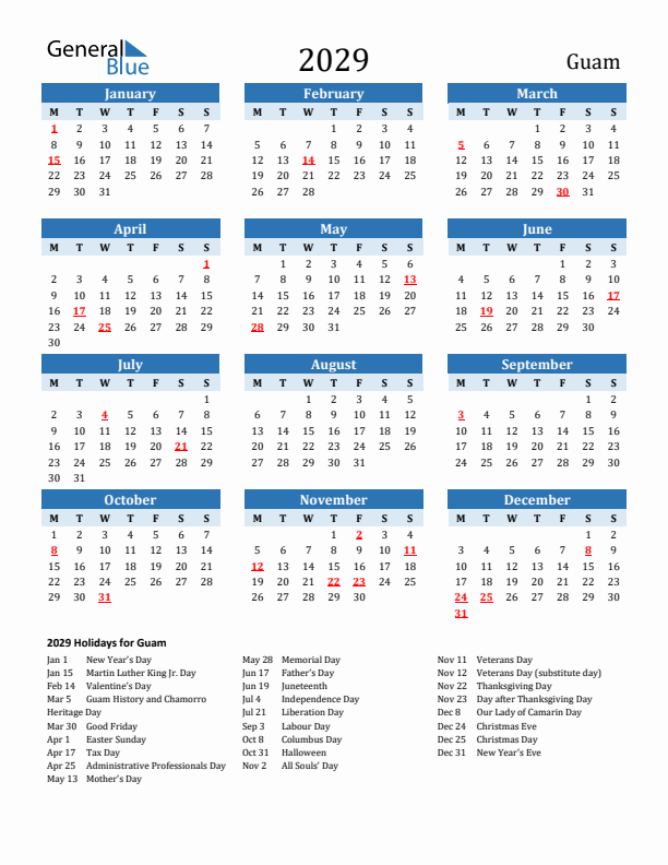 Printable Calendar 2029 with Guam Holidays (Monday Start)