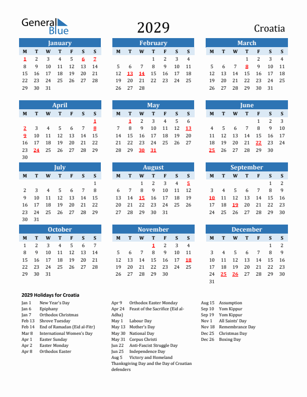 Printable Calendar 2029 with Croatia Holidays (Monday Start)