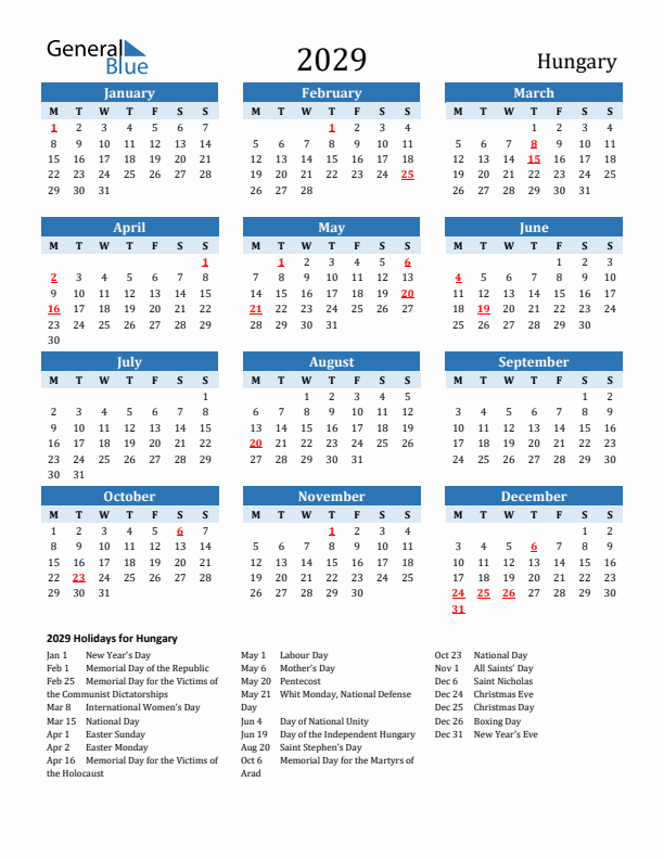 Printable Calendar 2029 with Hungary Holidays (Monday Start)