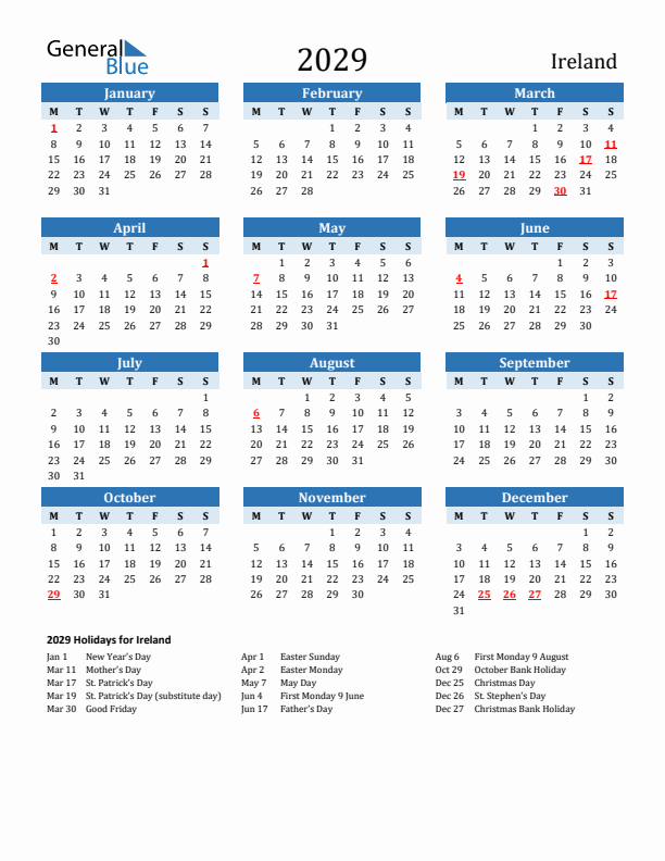 Printable Calendar 2029 with Ireland Holidays (Monday Start)