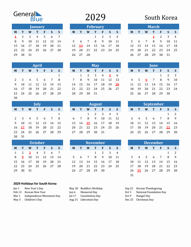 Printable Calendar 2029 with South Korea Holidays (Monday Start)