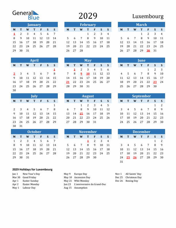 Printable Calendar 2029 with Luxembourg Holidays (Monday Start)