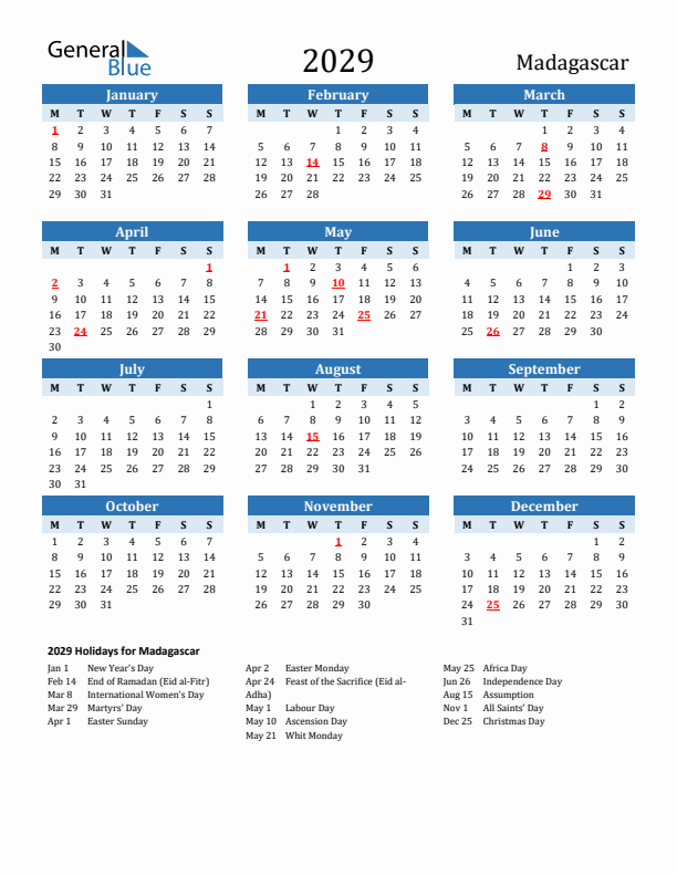 Printable Calendar 2029 with Madagascar Holidays (Monday Start)