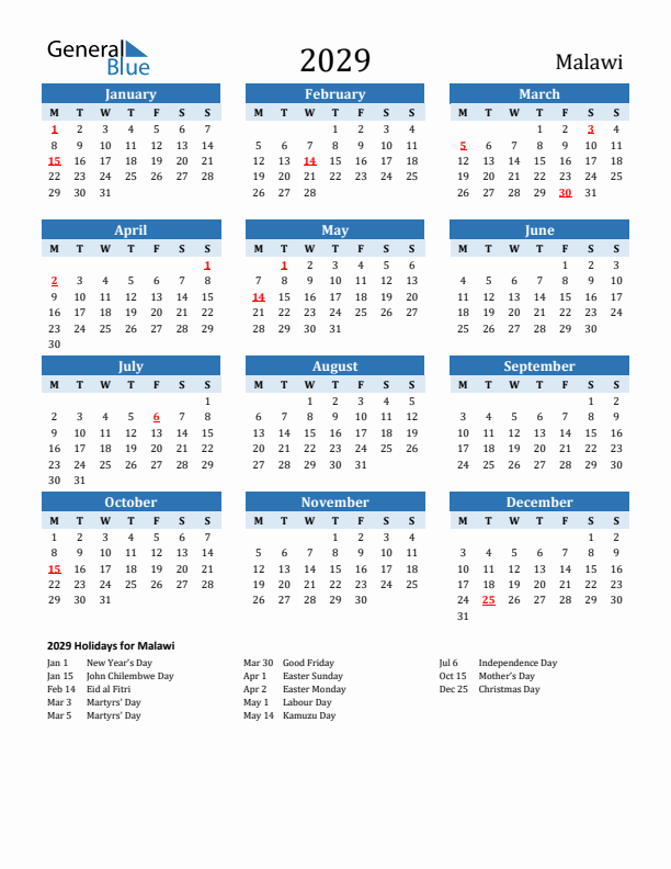 Printable Calendar 2029 with Malawi Holidays (Monday Start)
