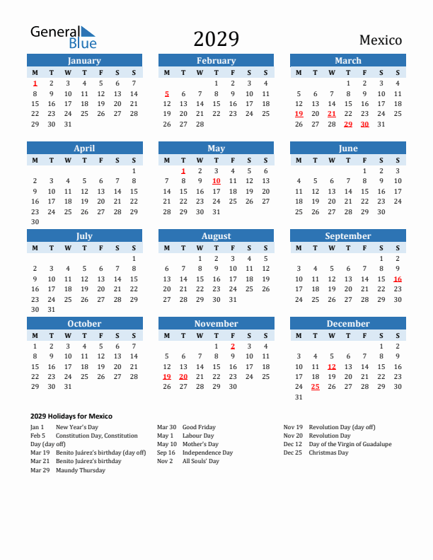 Printable Calendar 2029 with Mexico Holidays (Monday Start)
