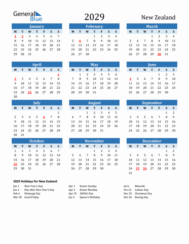Printable Calendar 2029 with New Zealand Holidays (Monday Start)