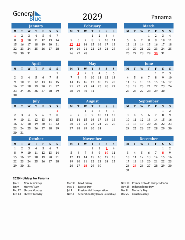 Printable Calendar 2029 with Panama Holidays (Monday Start)