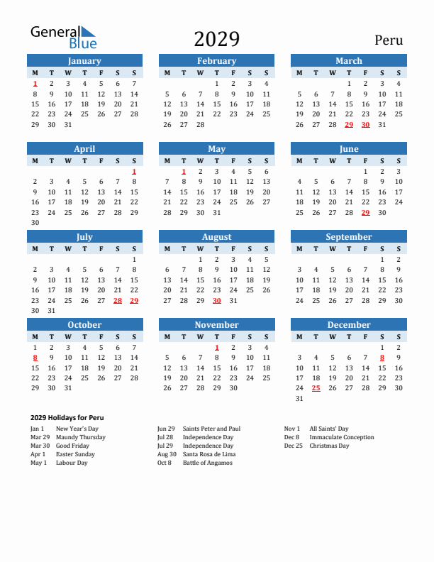 Printable Calendar 2029 with Peru Holidays (Monday Start)