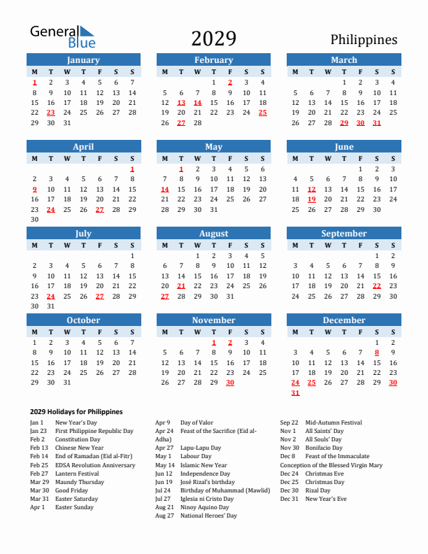 Printable Calendar 2029 with Philippines Holidays (Monday Start)