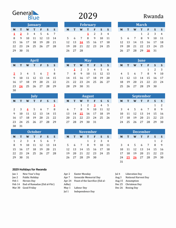Printable Calendar 2029 with Rwanda Holidays (Monday Start)