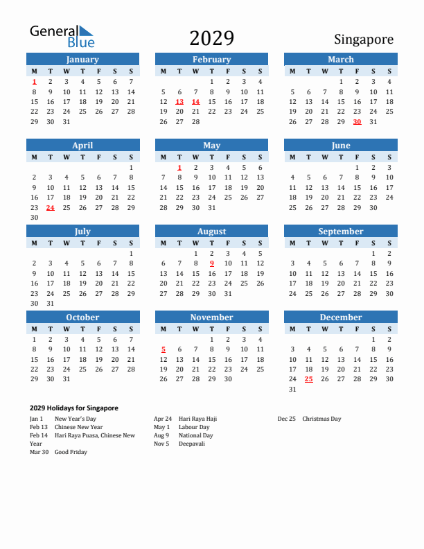 Printable Calendar 2029 with Singapore Holidays (Monday Start)