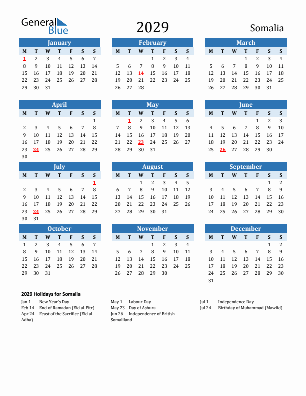 Printable Calendar 2029 with Somalia Holidays (Monday Start)