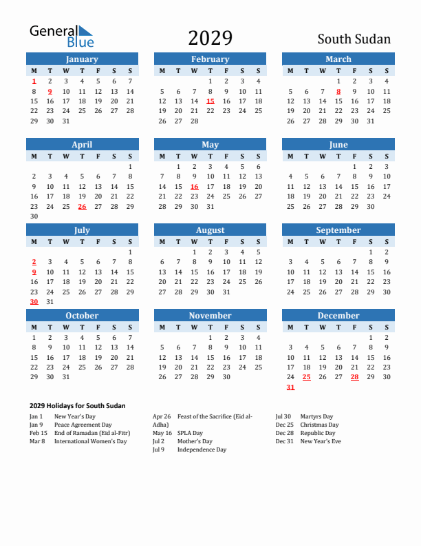 Printable Calendar 2029 with South Sudan Holidays (Monday Start)