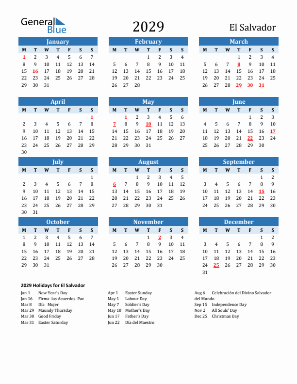 Printable Calendar 2029 with El Salvador Holidays (Monday Start)