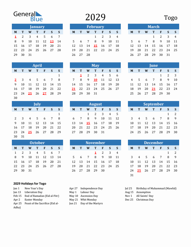 Printable Calendar 2029 with Togo Holidays (Monday Start)