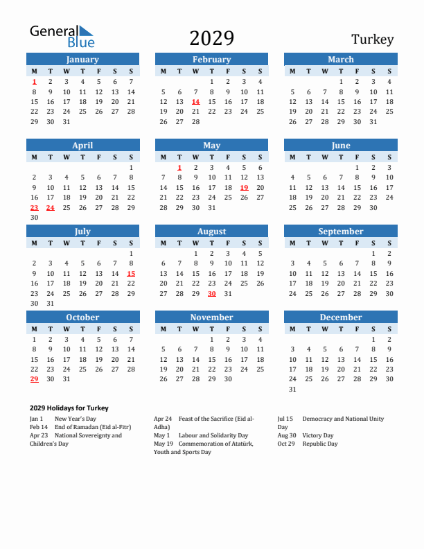 Printable Calendar 2029 with Turkey Holidays (Monday Start)