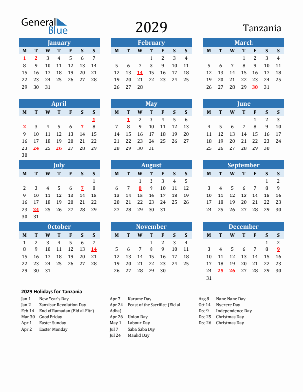 Printable Calendar 2029 with Tanzania Holidays (Monday Start)