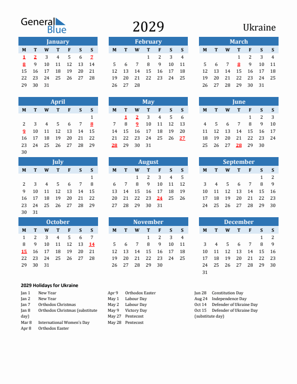 Printable Calendar 2029 with Ukraine Holidays (Monday Start)
