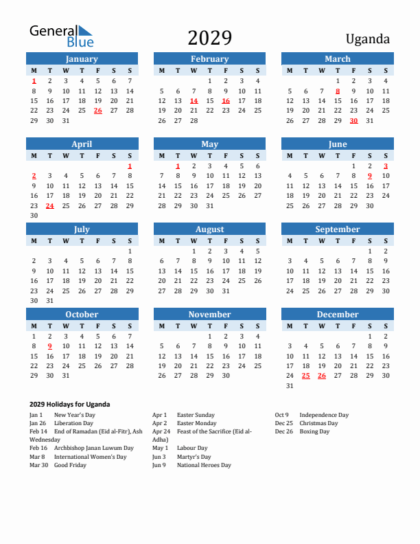 Printable Calendar 2029 with Uganda Holidays (Monday Start)
