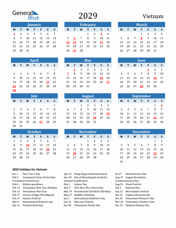 Printable Calendar 2029 with Vietnam Holidays (Monday Start)