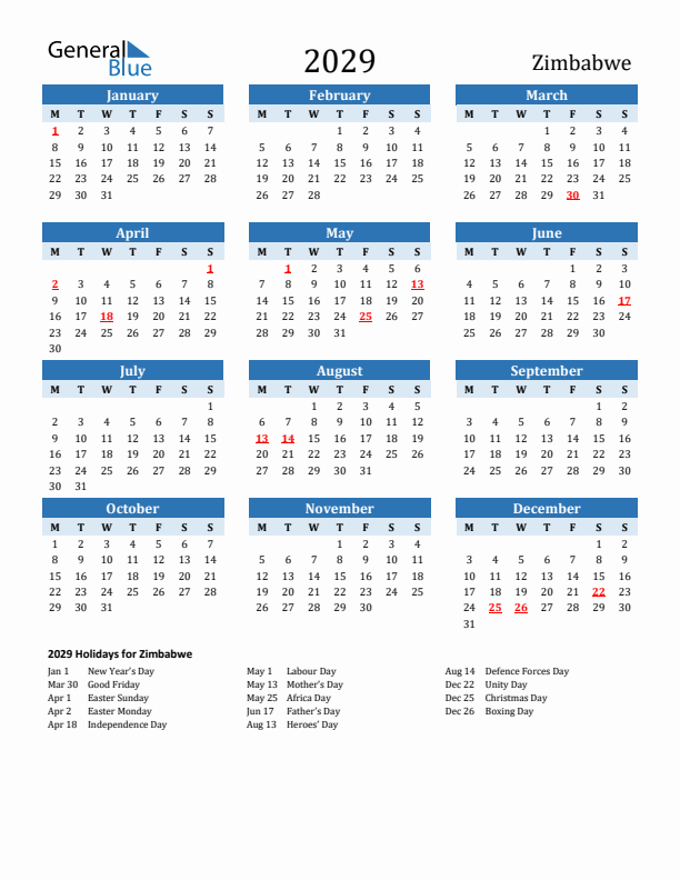 Printable Calendar 2029 with Zimbabwe Holidays (Monday Start)