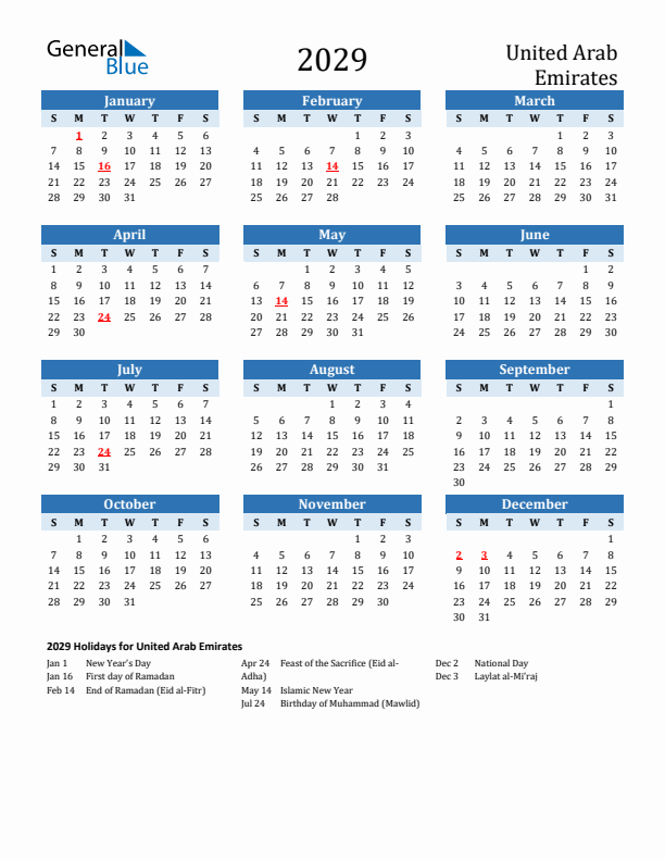 Printable Calendar 2029 with United Arab Emirates Holidays (Sunday Start)