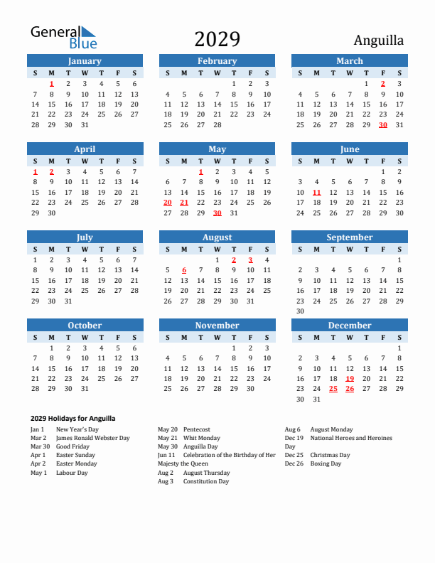 Printable Calendar 2029 with Anguilla Holidays (Sunday Start)