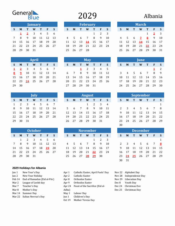 Printable Calendar 2029 with Albania Holidays (Sunday Start)