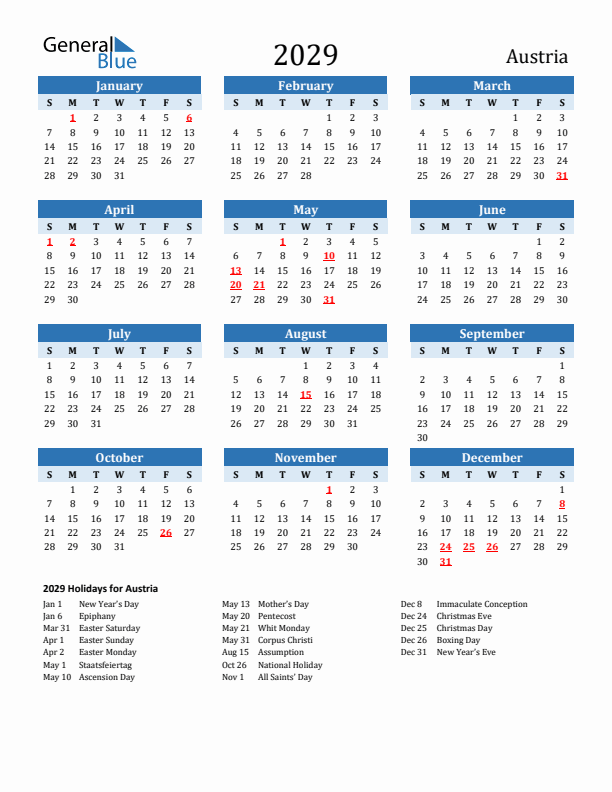 Printable Calendar 2029 with Austria Holidays (Sunday Start)