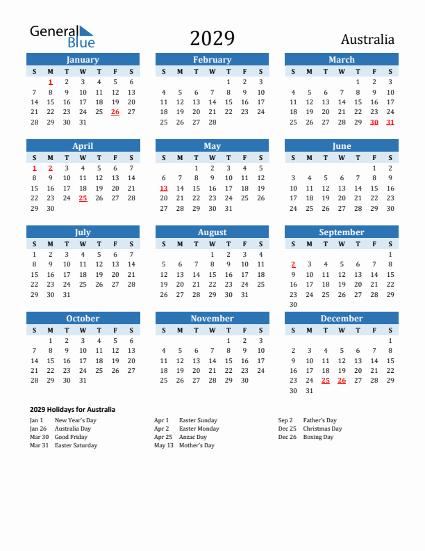 Printable Calendar 2029 with Australia Holidays (Sunday Start)
